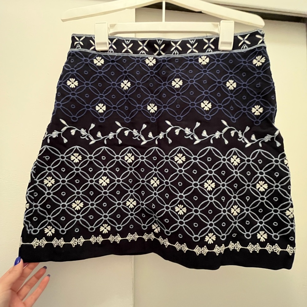 LOFT Navy and White Embroidered Mini Skirt